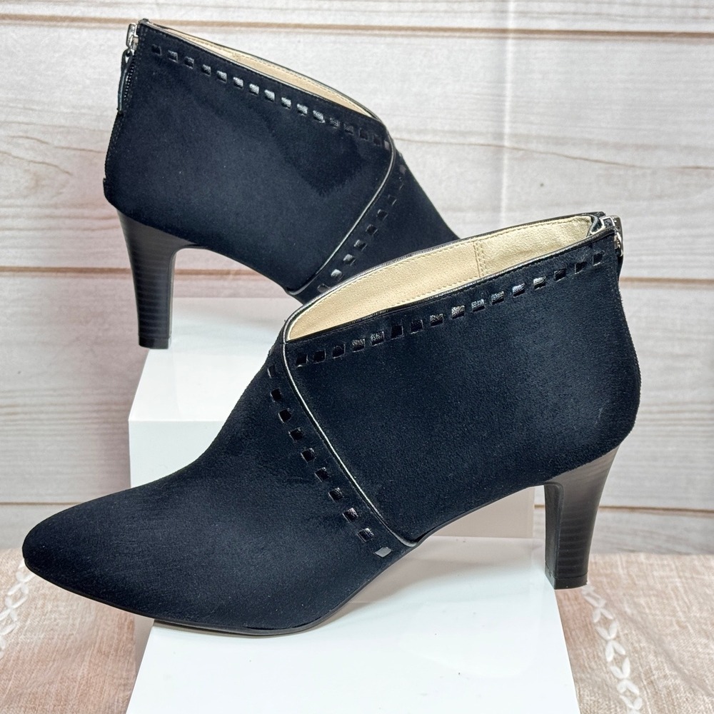 Life Stride Black Faux Suede Studded Wrap Ankle Boots Pointed Stiletto Heel 11M